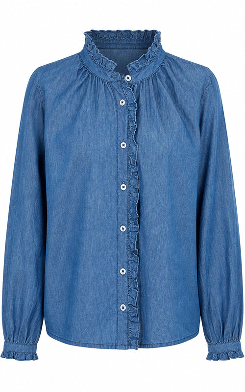 A blue long-sleeve button-up blouse with a ruffled mock neck, ruffled front placket, and ruffled cuffs, shown against a plain white background.