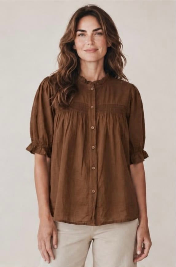 Sasa Button Cotton Blouse in Brown