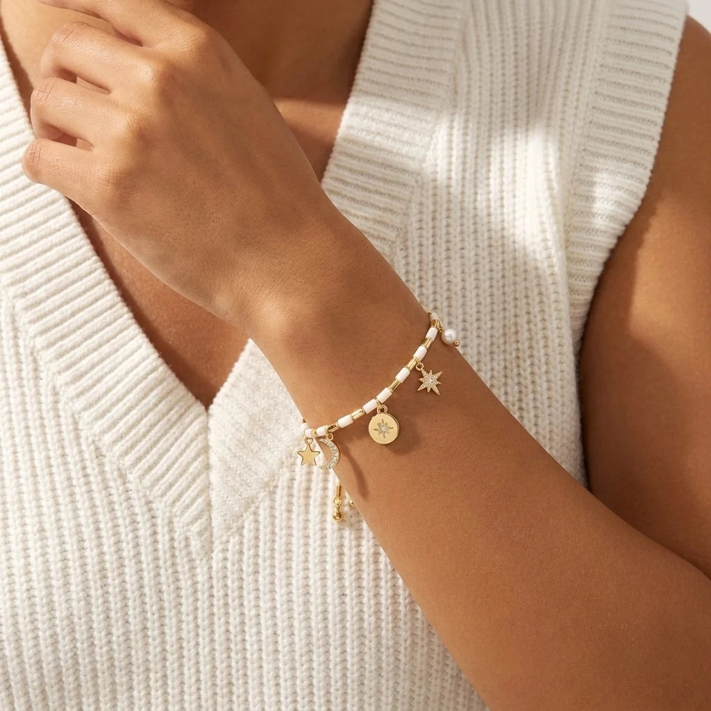 Beaded Star, Moon & Pearl Slider Bracelet