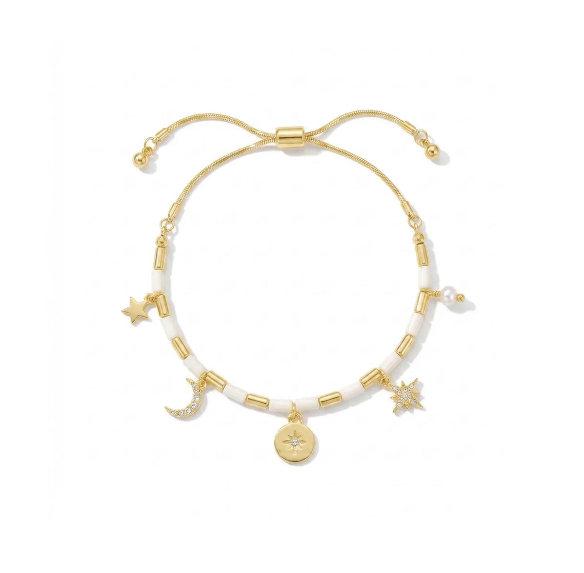 Beaded Star, Moon & Pearl Slider Bracelet