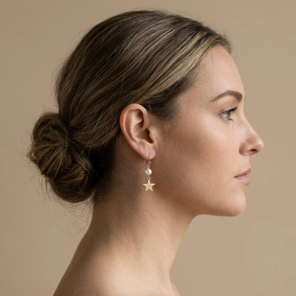 Brushed Star and Natural Pearl Earrings