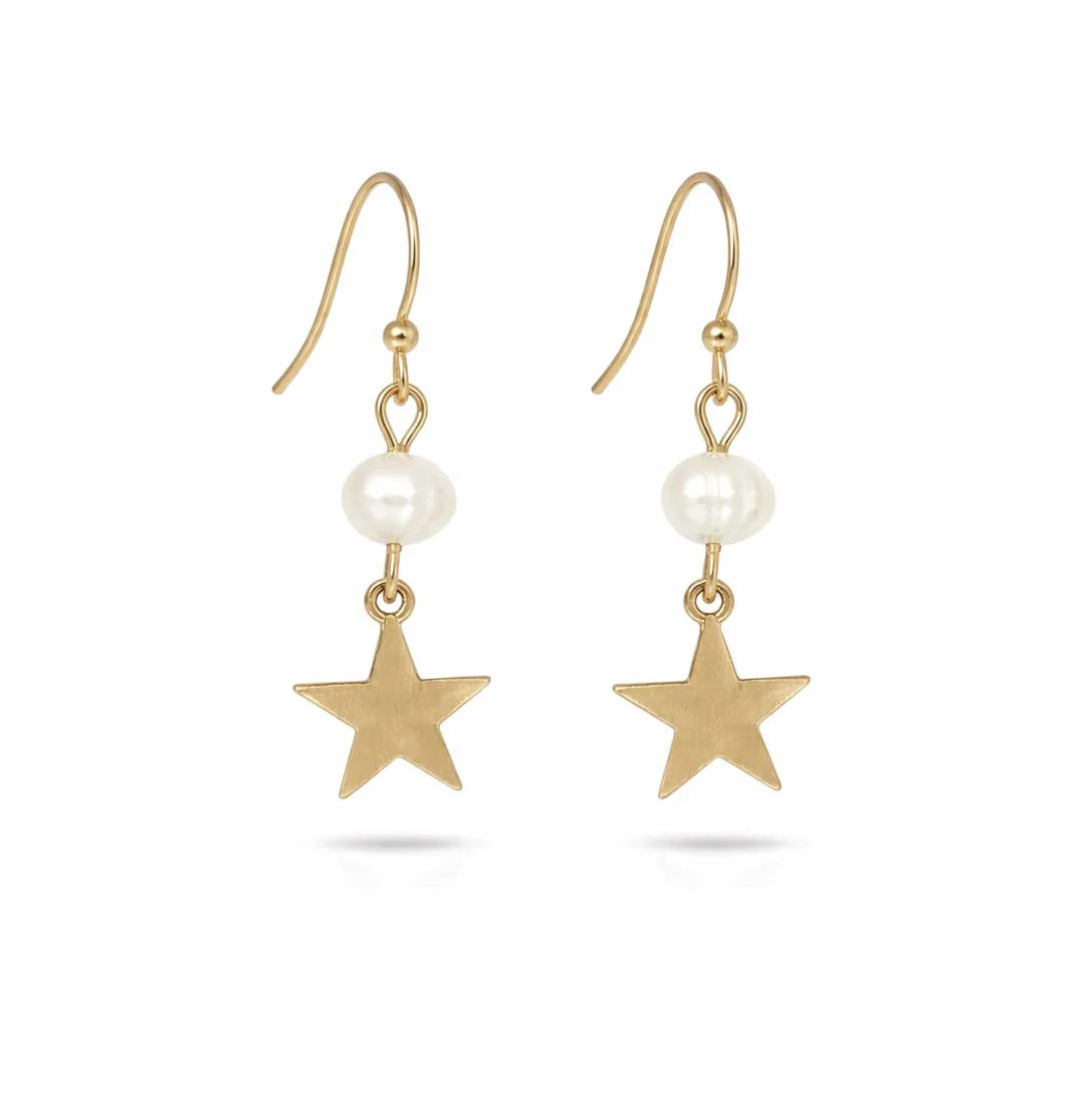 Brushed Star and Natural Pearl Earrings