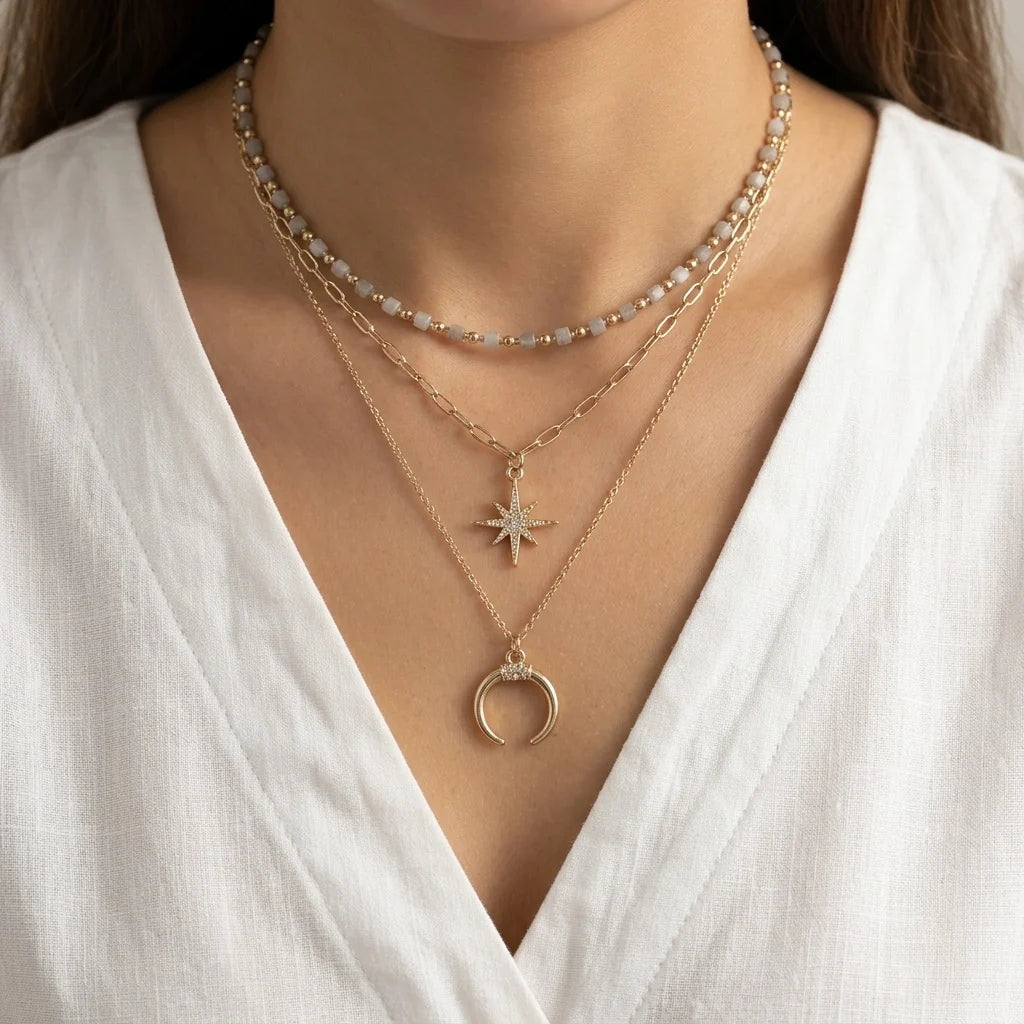 Glass and pendant triple Layer Necklace