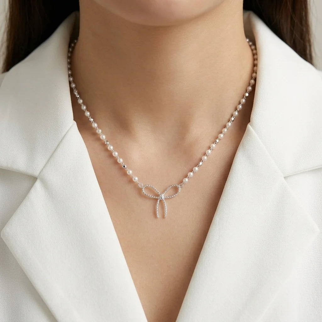 Textured Ribbon Pendant And Pearl Chain Necklace