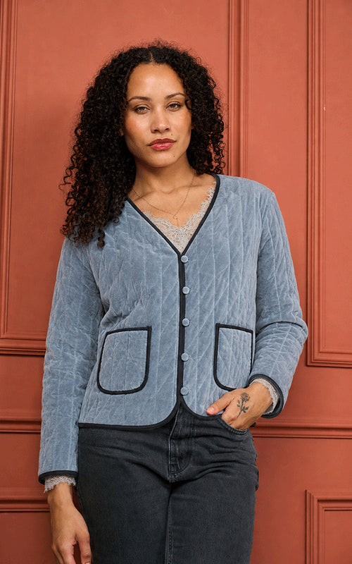 Quilted Velvet Jacket Reversible w/Printed Pattern in Blue