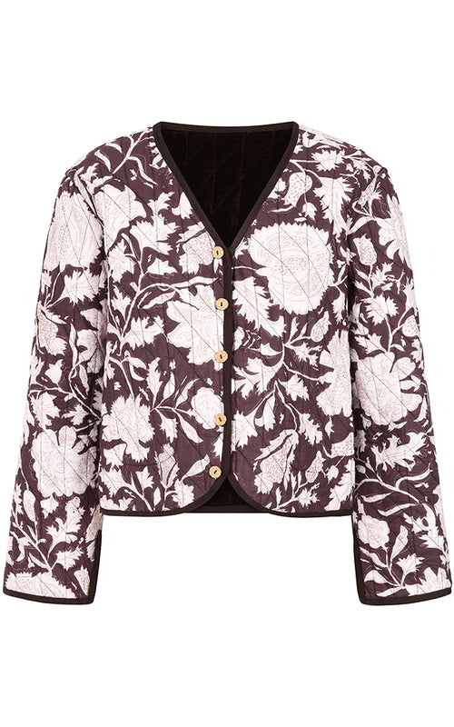 Quilted Velvet Jacket Reversible w/Printed Pattern in Chocolate