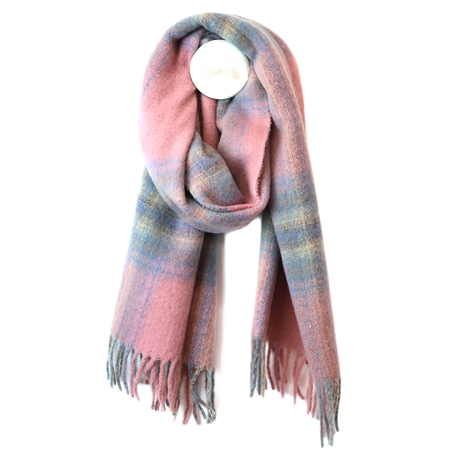 POM Miranda pastel pink, blue and grey mix scarf looped on a mannequin stand against a white background, showing the oversized pastel check in blush pink, dusty blue, sage green and warm yellow with a soft blended finish and twisted fringe ends.