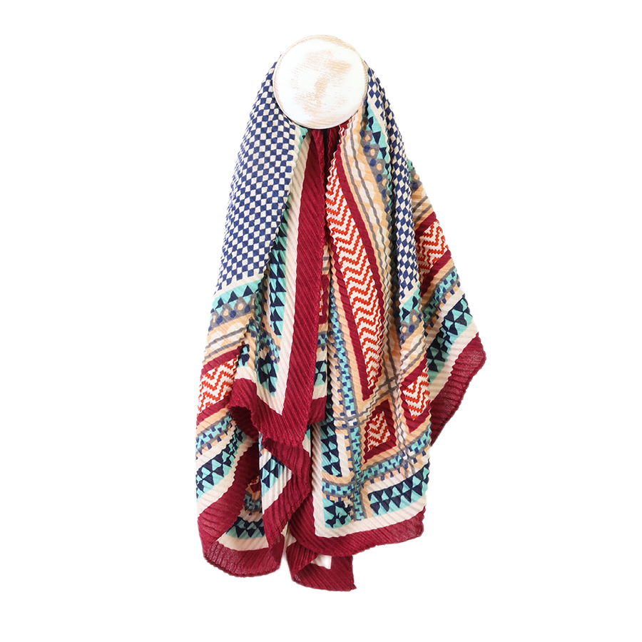 POM square wine, ecru and blue mix geometric crinkle scarf hanging on a mannequin stand against a white background, showing the full geometric print with navy checkerboard centre, teal and red zigzag stripes and deep wine crinkle border edge.