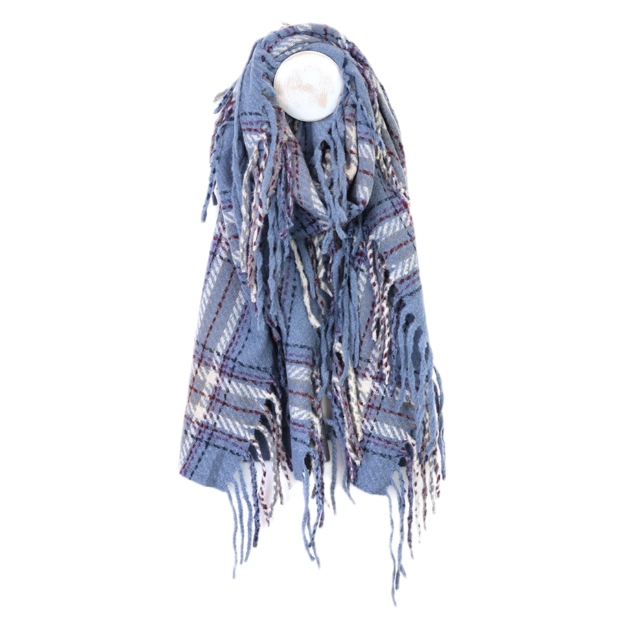 POM Darcie dusky blue mix fringe edge check scarf looped around a mannequin stand against a white background, showing the classic dusky blue, cream, burgundy and navy check weave with dramatic all-over long twisted fringe edge.