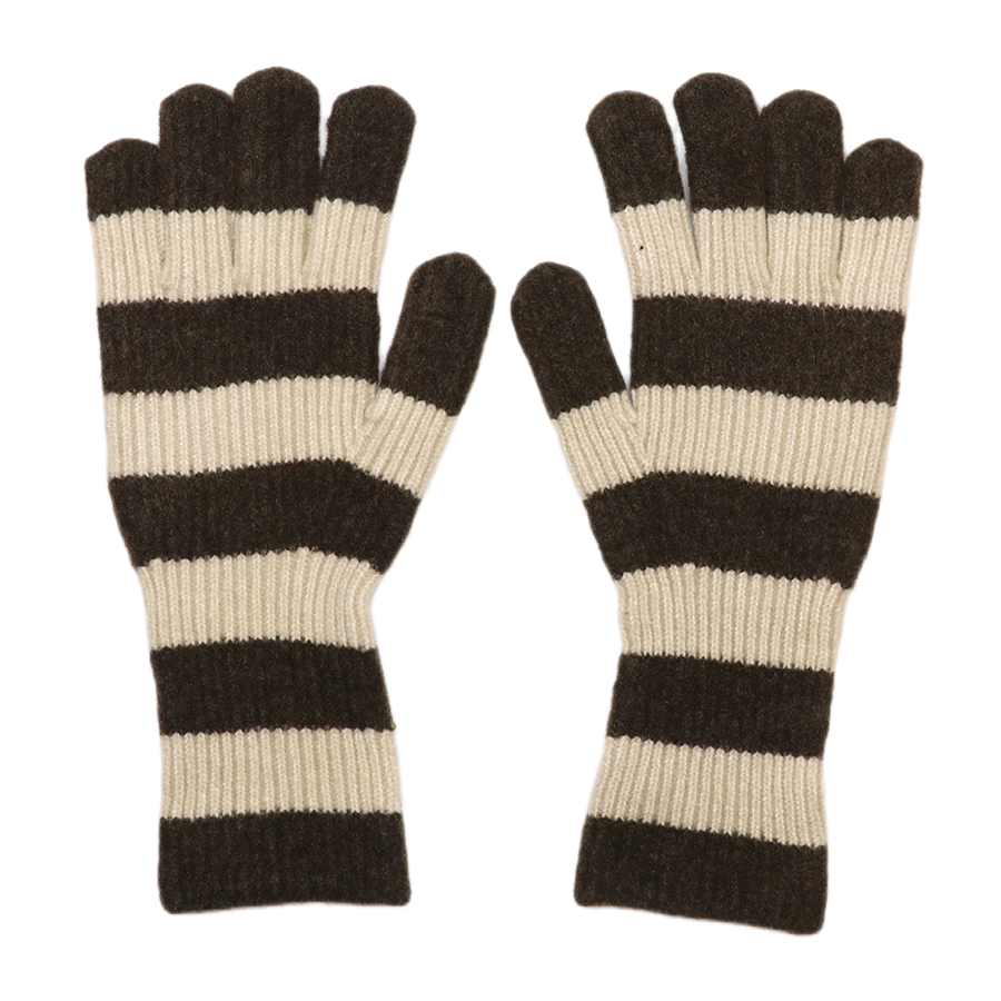 POM Wanda brown and oatmeal striped knit gloves laid flat against a white background, showing the bold horizontal brown and oatmeal stripe pattern with soft ribbed knit finish and full finger coverage.