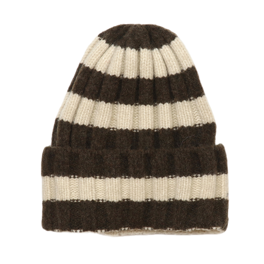 POM Wanda brown and oatmeal striped beanie hat laid flat against a white background, showing the chunky ribbed knit in bold horizontal brown and oatmeal stripes with a generous folded cuff.