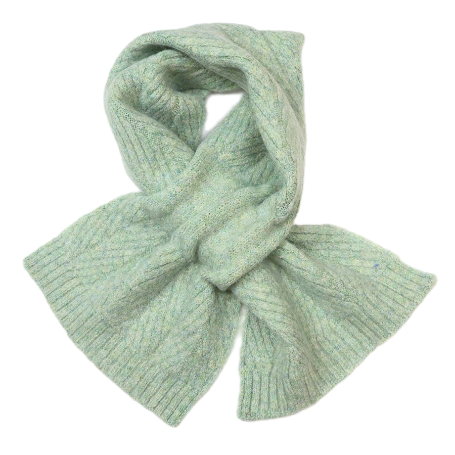 A light mint green chunky knit scarf with a ribbed texture, styled in a loose knot on a solid white background.