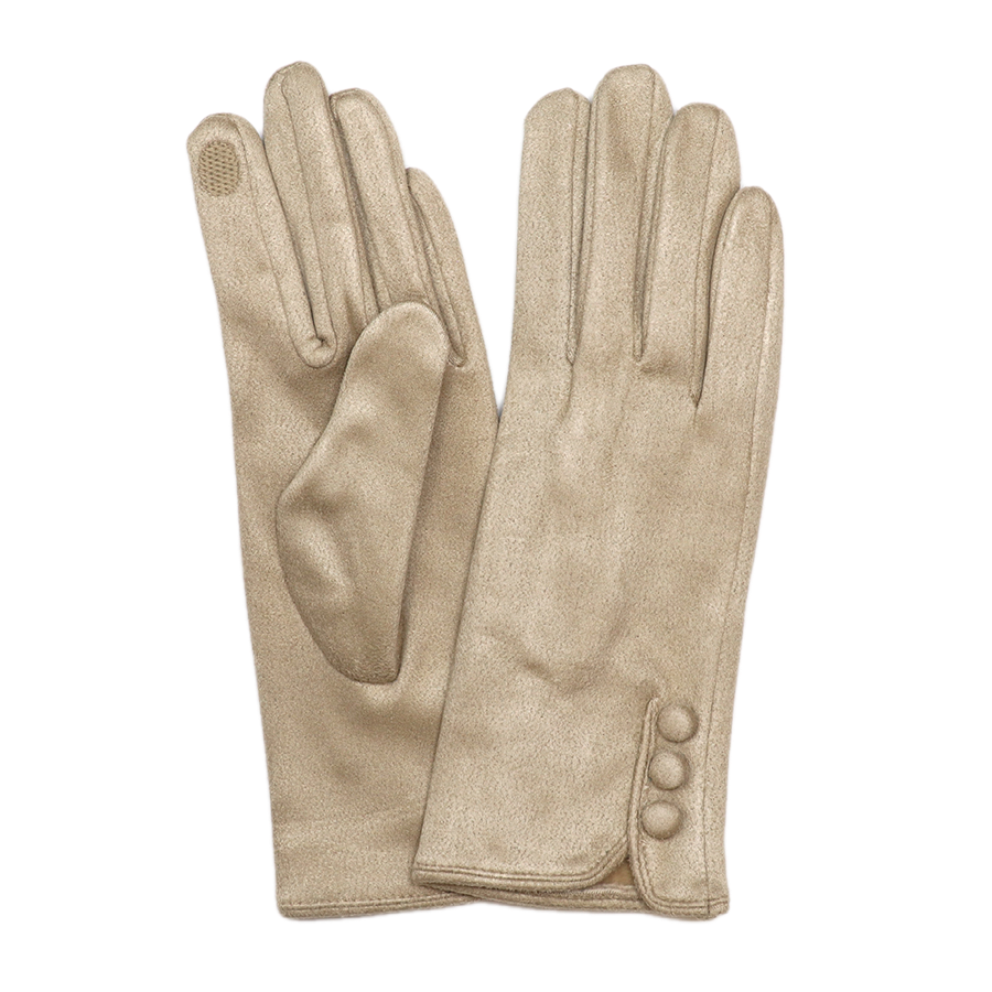 POM Kate stone faux suede gloves laid flat on a white background, showing the three decorative button wrist detail and touchscreen-compatible fingertip.