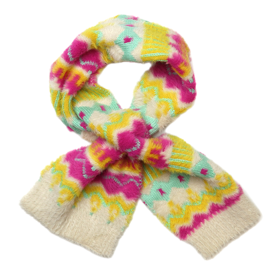 POM Mia pull-through scarf in a vibrant fair isle-inspired pattern of cream, hot pink, yellow and mint, styled in a knot against a white background.