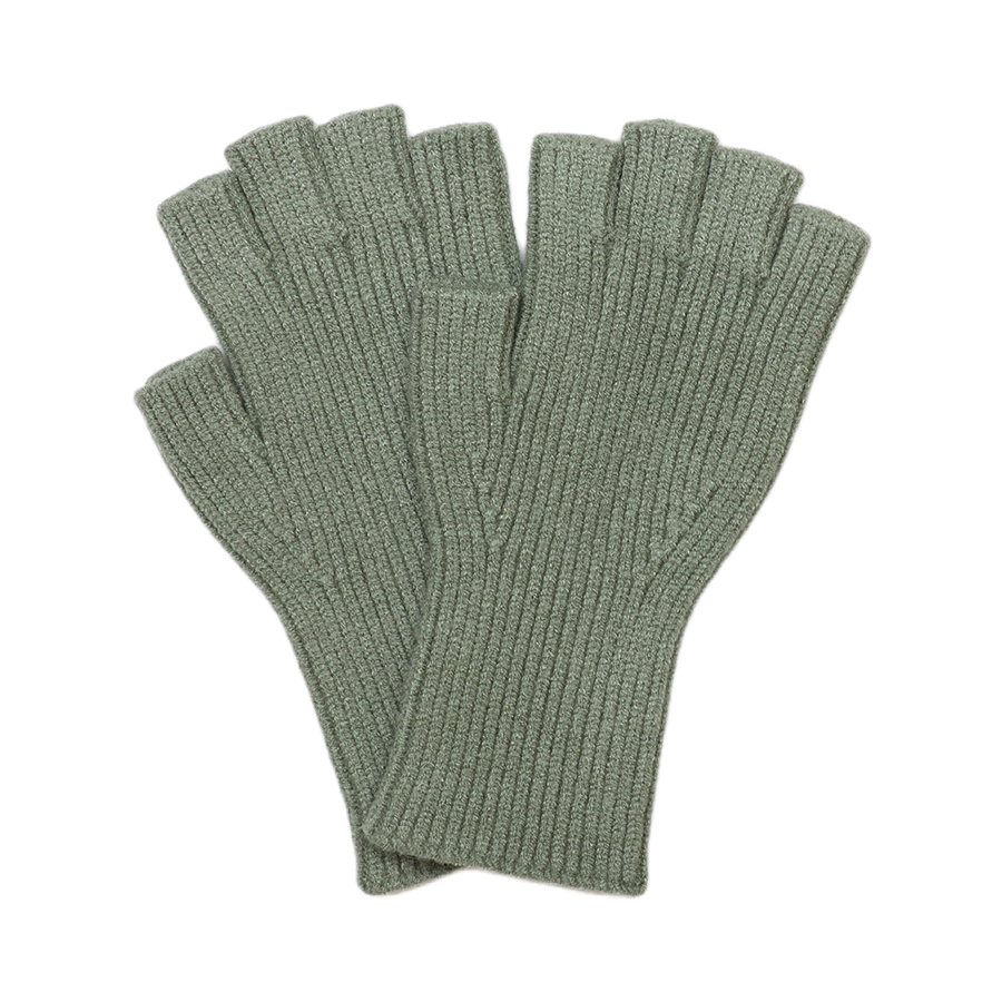POM Yasmin sage green ribbed fingerless gloves laid flat on a white background, showing the fine rib knit texture and open finger design.