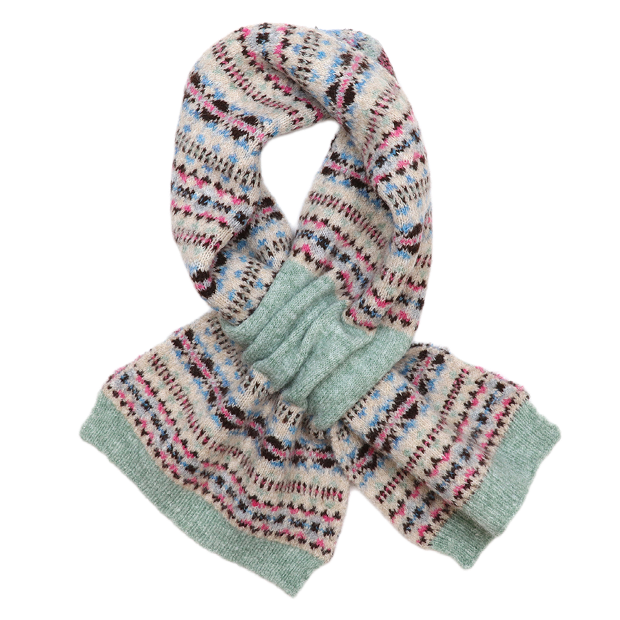 POM Iris oatmeal and mint fair isle knit scarf looped on a mannequin, showing the intricate multicolour pattern and soft mint ribbed trim against a white background.