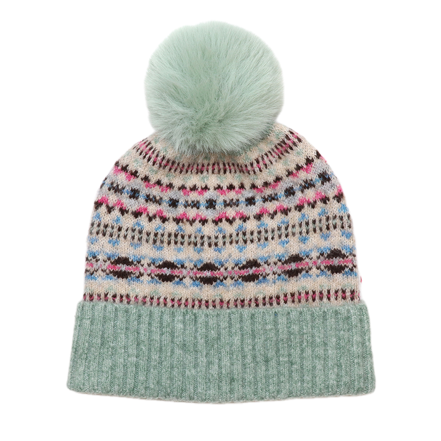 POM Iris fair isle bobble hat in oatmeal, pink, blue and brown with a fluffy mint faux fur pom pom and wide mint ribbed turn-up brim, on a white background.