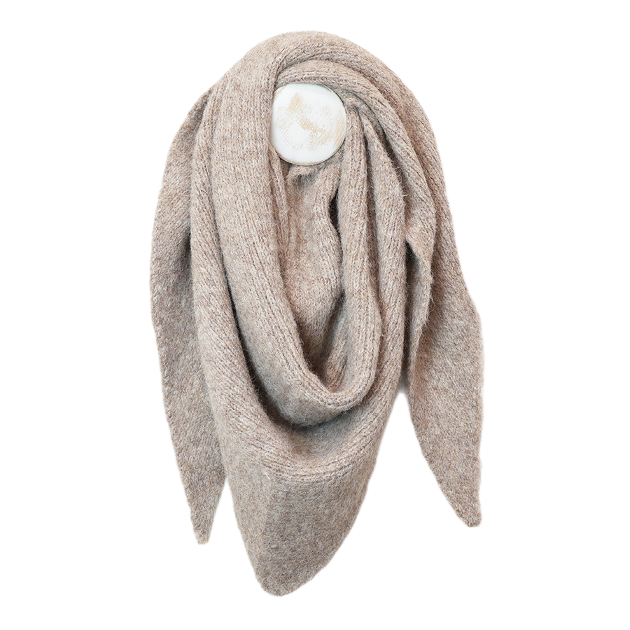 POM Ashleigh oatmeal marl oversized chunky knit wrap scarf fastened with a large cream button, styled in a loop against a white background.