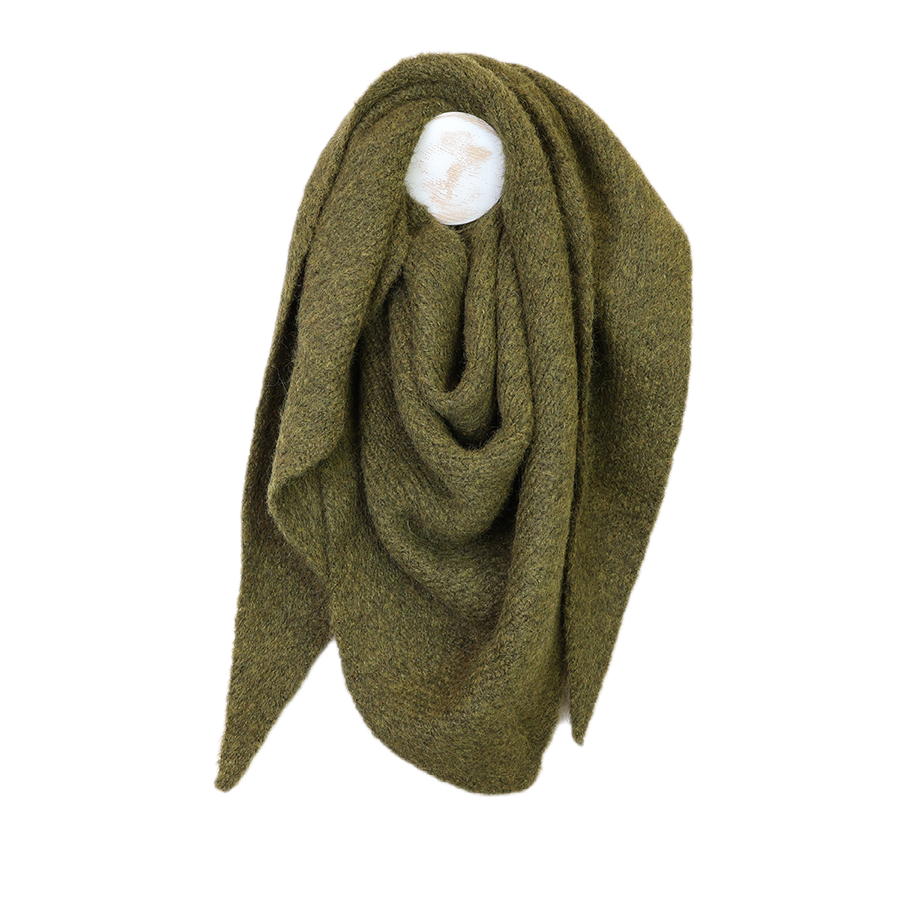 POM Ashleigh khaki marl oversized chunky knit wrap scarf draped on a mannequin, showing the generous triangle shape and soft fluffy texture against a white background.