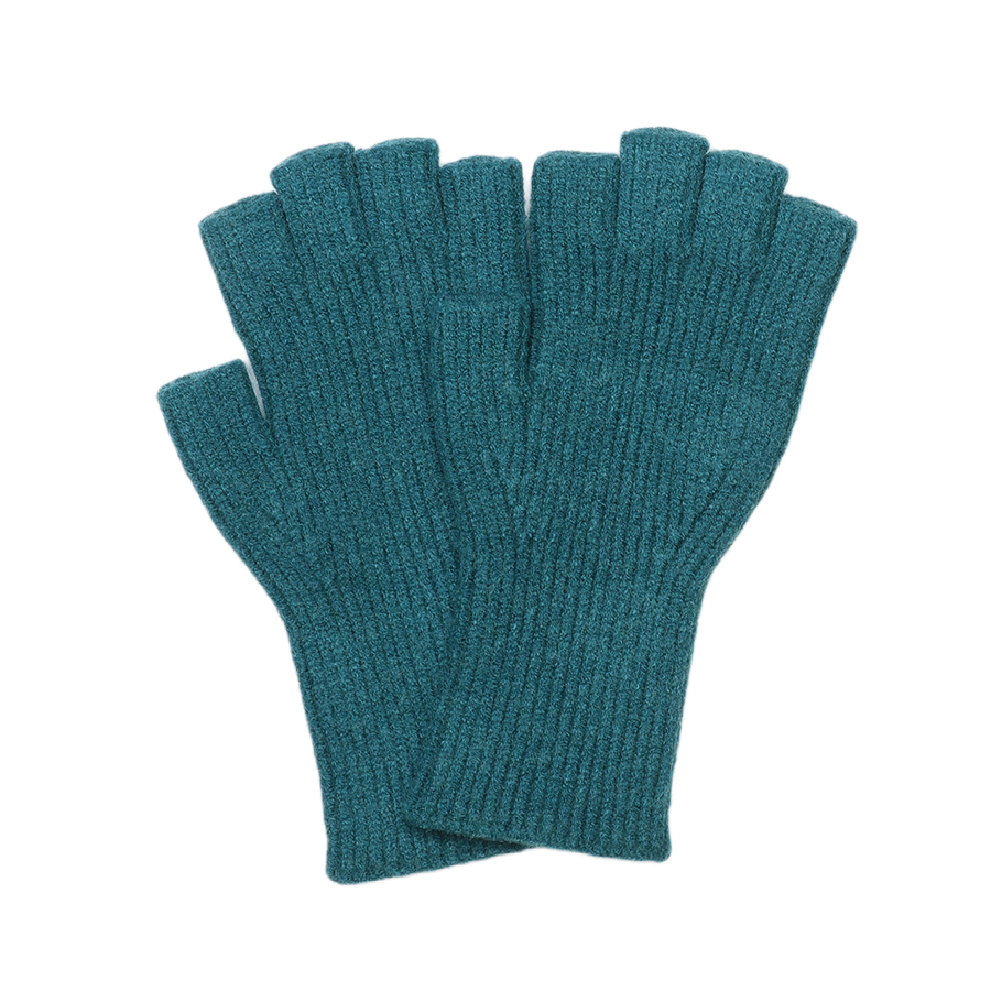 POM Yasmin teal ribbed fingerless gloves laid flat on a white background, showing the fine rib knit texture and open finger design in rich jewel teal.