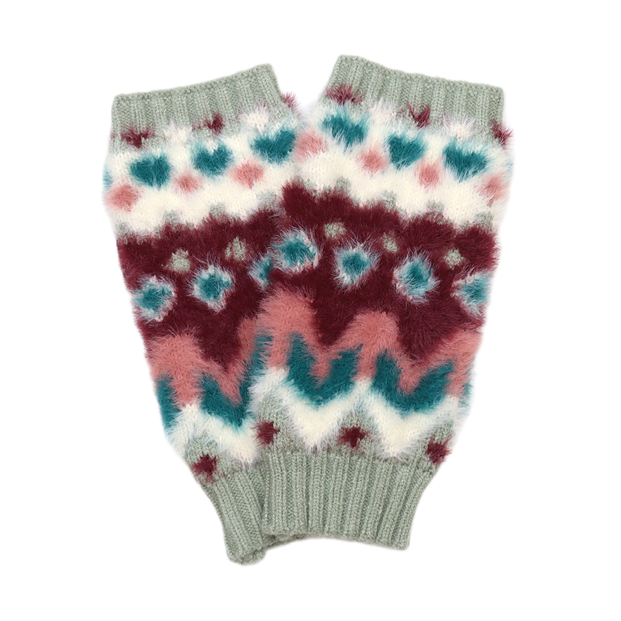 POM Imogen burgundy and sage fluffy fair isle wristwarmers laid flat on a white background, showing the intricate pattern in burgundy, teal, blush pink, white and sage with ribbed sage cuffs.