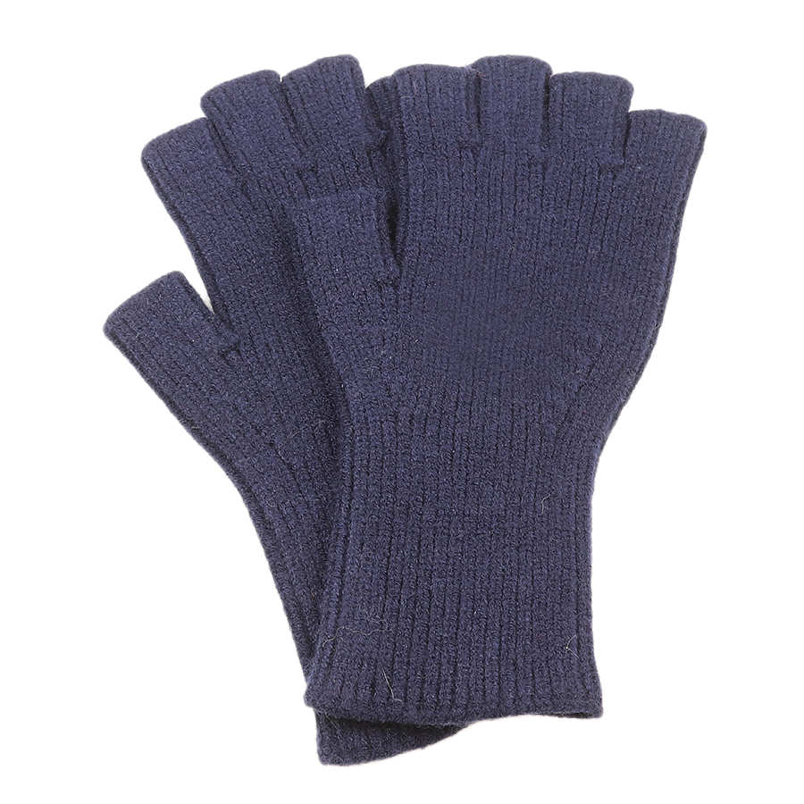 POM navy fine rib fingerless gloves laid flat on a white background, showing the long wrist cuff, fine rib knit texture and open finger design in classic navy.