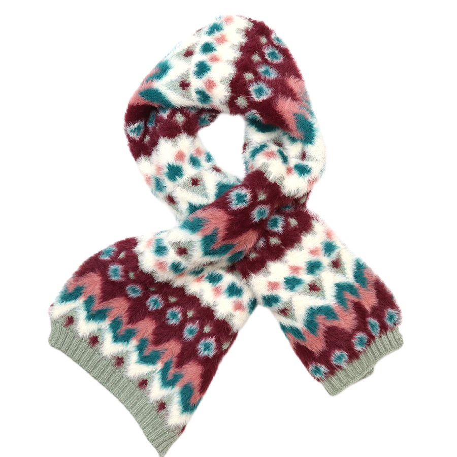 POM Imogen burgundy and teal fluffy fair isle pull-through scarf looped on a white background, showing the bold pattern in burgundy, teal, blush pink and white with sage ribbed ends.