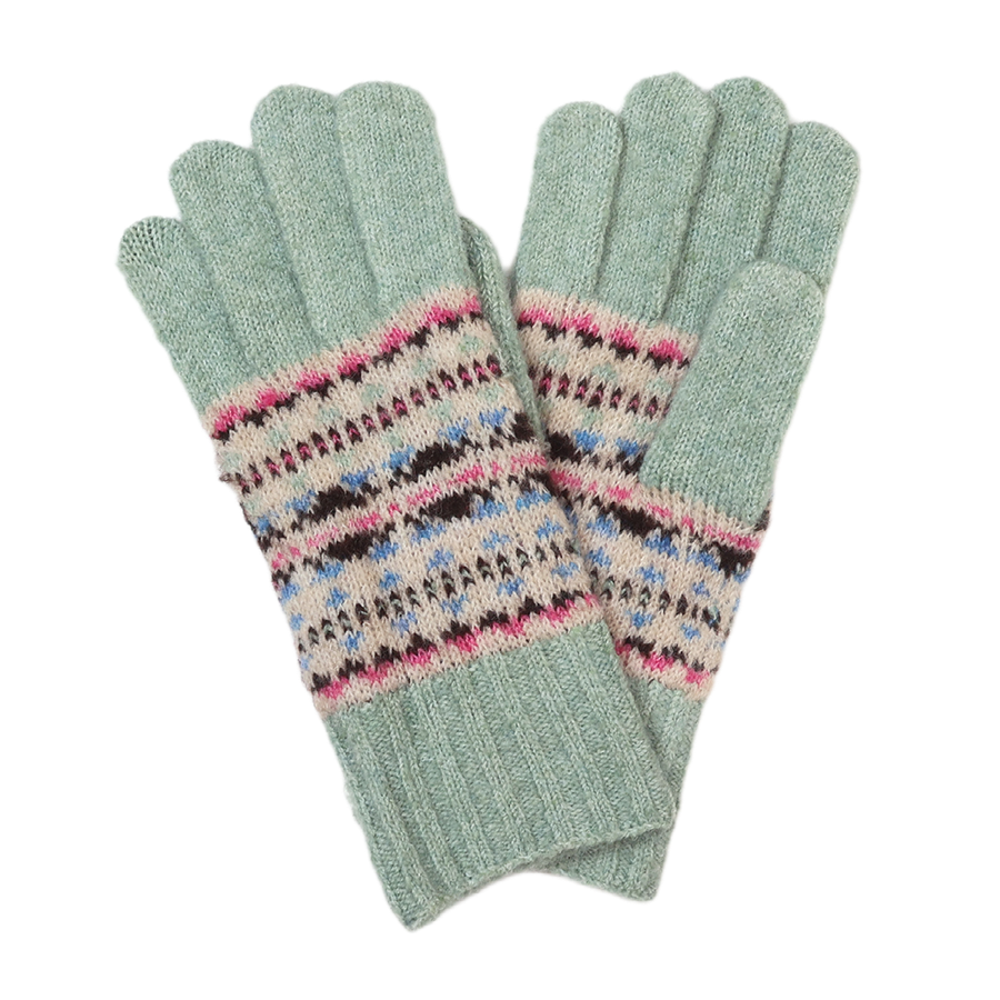 POM Iris mint recycled blend knit gloves laid flat on a white background, showing the soft mint body and fair isle cuff band in oatmeal, pink, blue and brown.