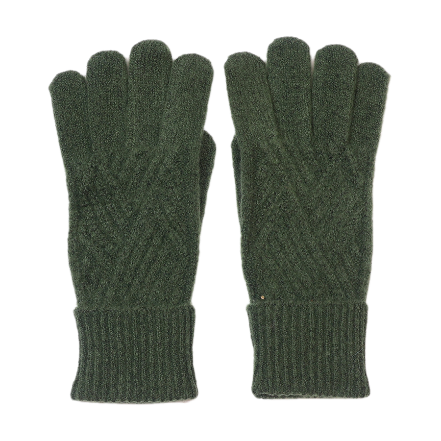 POM Charlotte dark khaki cable and diagonal rib knit gloves laid flat on a white background, showing the subtle texture and neat ribbed cuff.
