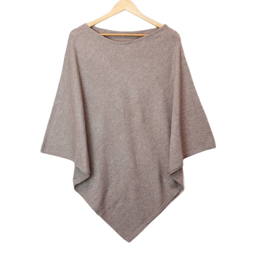 POM oatmeal marl fine knit recycled blend poncho on a wooden hanger against a white background, showing the relaxed drape and asymmetric hem.