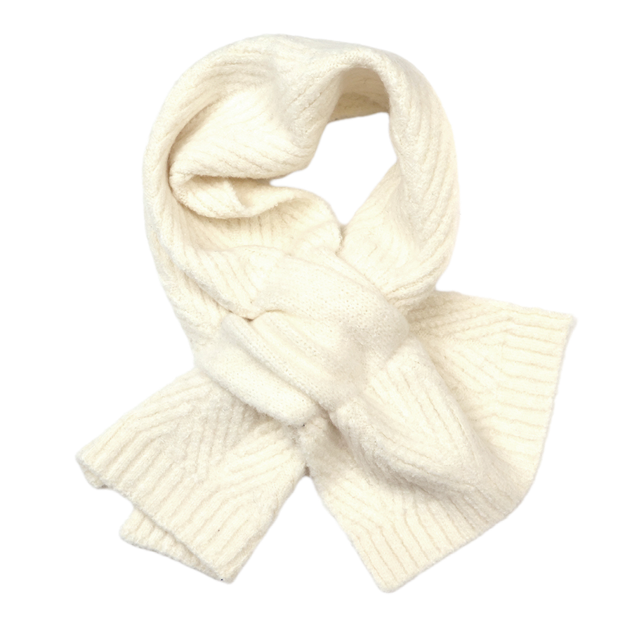 POM Charlotte cream herringbone and cable knit pull-through scarf looped against a white background, showing the plush fluffy texture and pull-through fastening.