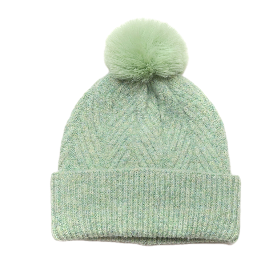 POM Charlotte mint herringbone knit bobble hat with fluffy mint faux fur pom pom and wide ribbed turn-up brim, shown against a white background.