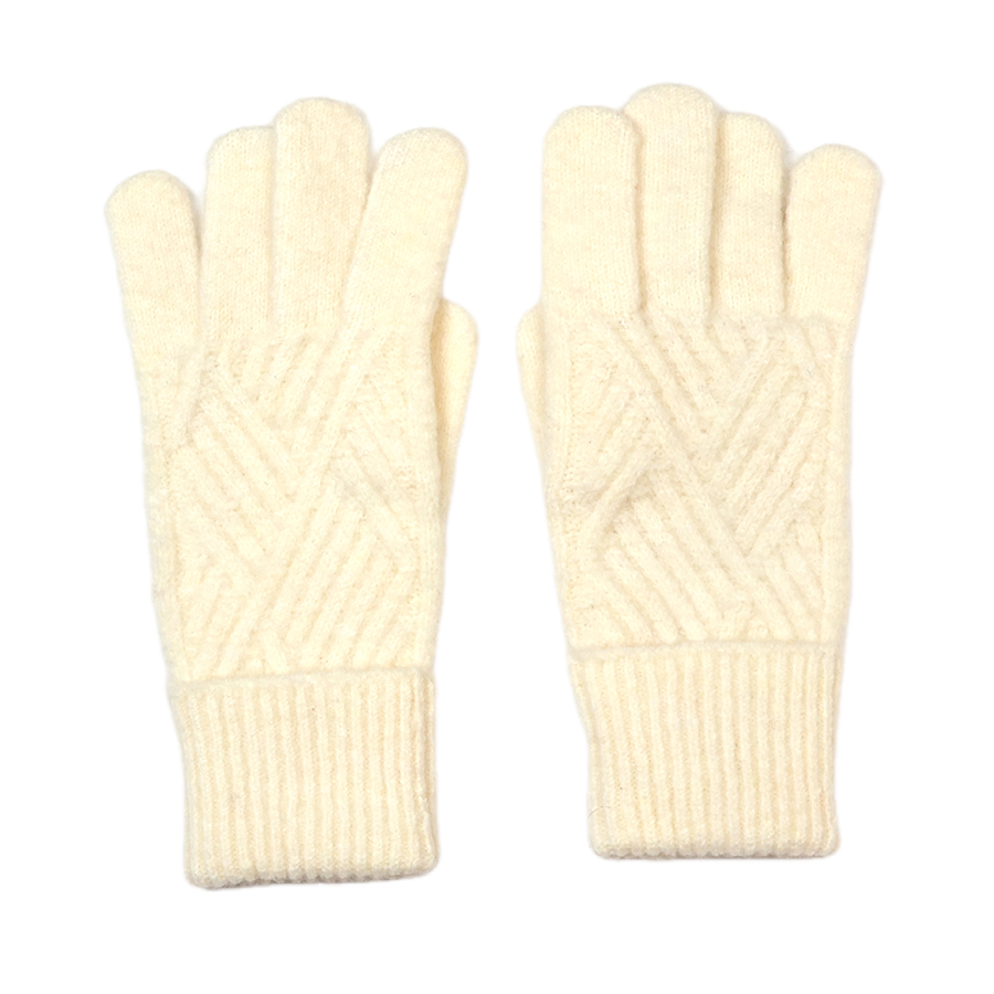 POM Charlotte cream herringbone and diagonal cable knit full-finger gloves laid flat on a white background, showing the striking knit texture and neat ribbed cuff.