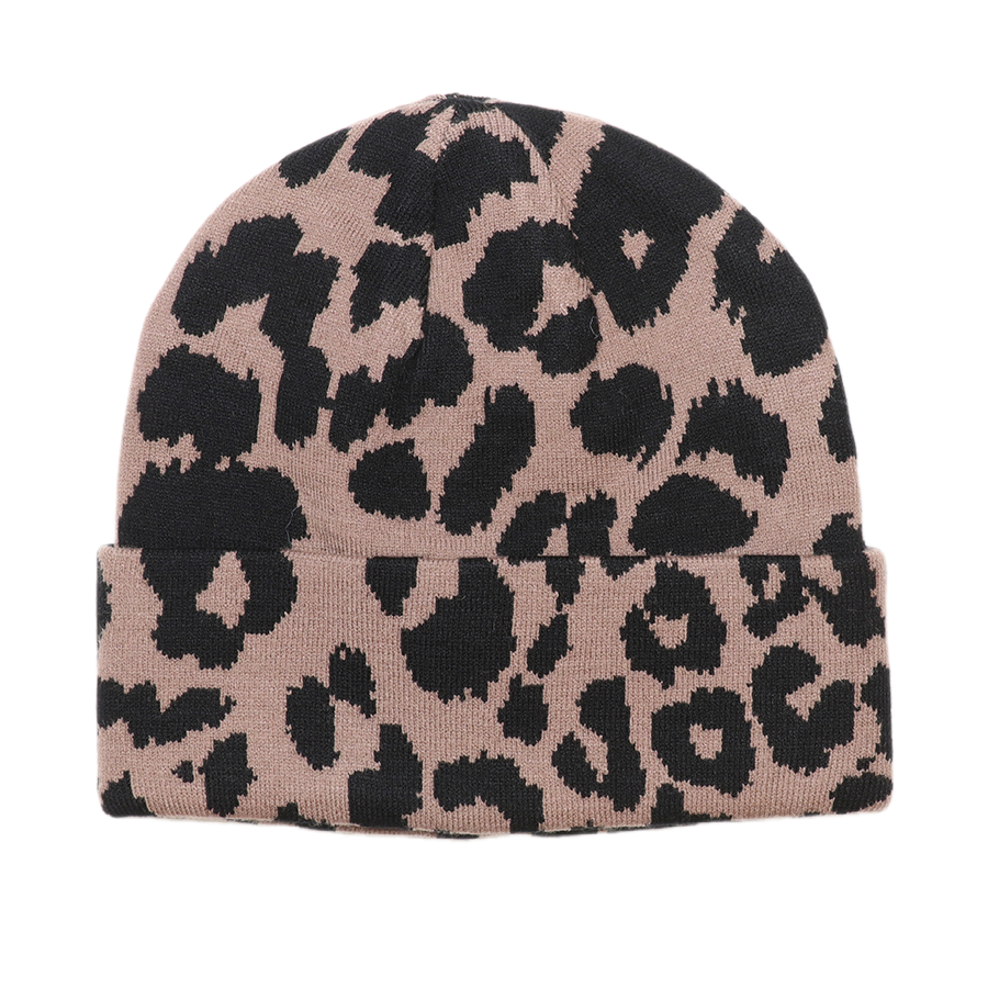 POM Carly taupe and black leopard print knitted beanie with wide ribbed turn-up cuff, shown against a white background.