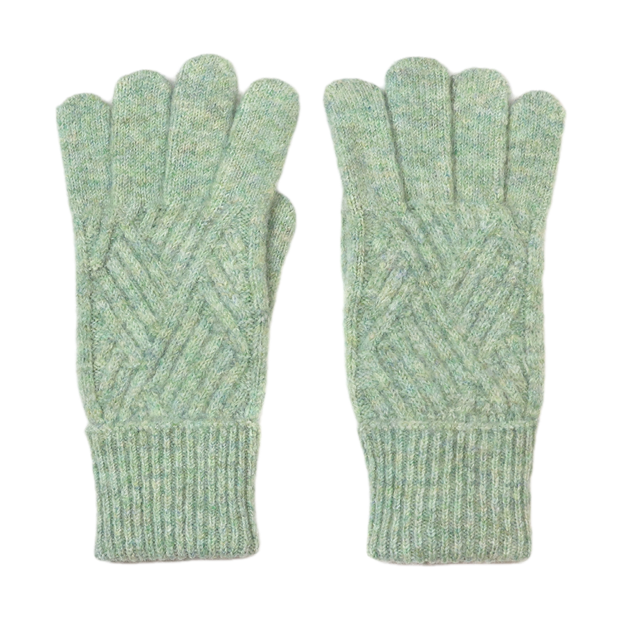 POM Charlotte light sage diagonal cable knit full-finger gloves laid flat on a white background, showing the striking cable pattern with subtle gold lurex thread and ribbed cuff.