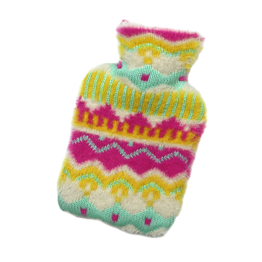 POM Mia neon fluffy knit hot water bottle in a bold wave pattern of hot pink, yellow, mint and white with a ribbed neck, shown against a white background.