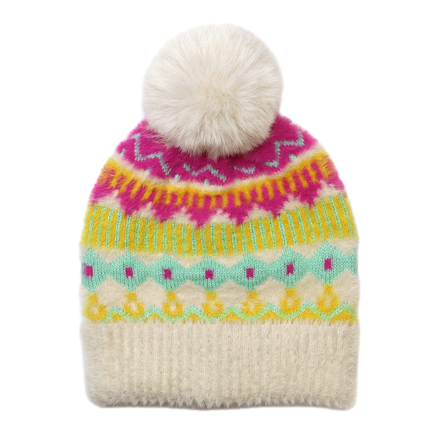 POM Mia cream and neon Fair Isle bobble hat with bold hot pink, yellow, mint and teal pattern and large fluffy cream faux fur pom pom, shown against a white background.