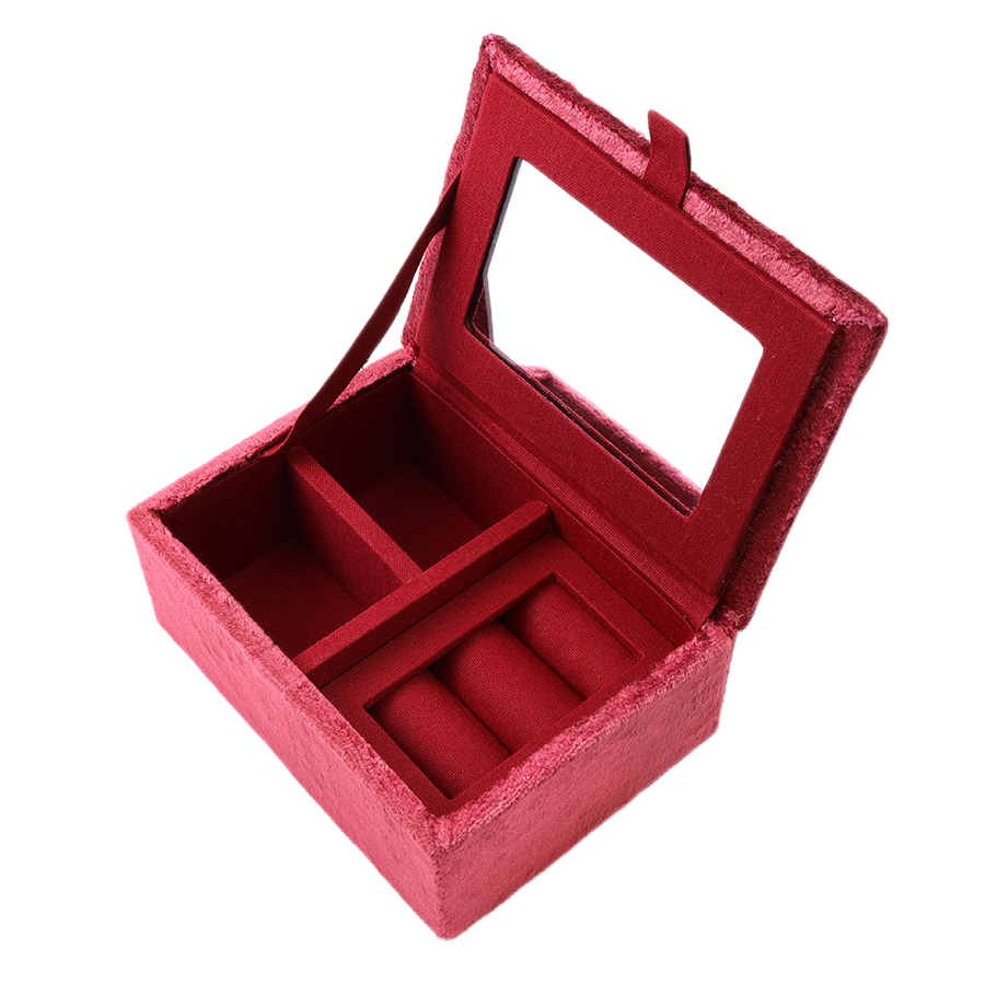 POM Winter Street wine velvet jewellery box shown open, revealing a mirror inside the lid, wine velvet ring rolls and compartments for storing jewellery, against a white background.