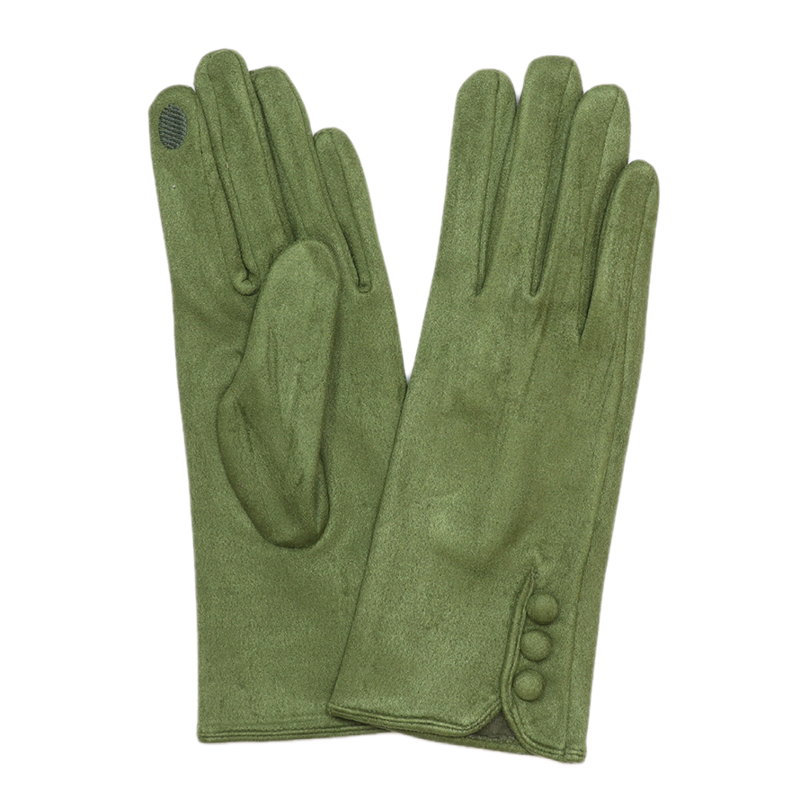 POM Kate sage green faux suede full-finger gloves laid flat on a white background, showing the slim fit, stitched finger detail and three-button wrist fastening.

