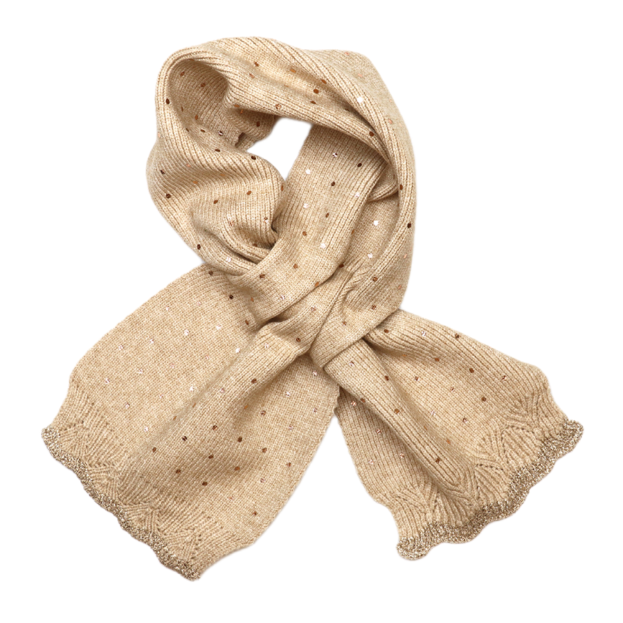 POM Yasmin champagne beige knitted pull-through scarf looped against a white background, showing the scattered gold metallic sequin spots and delicate scalloped gold lurex trim edge.