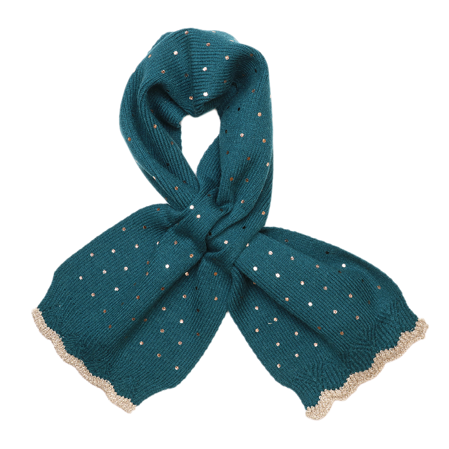 POM Yasmin deep teal knitted pull-through scarf looped against a white background, showing the scattered multicolour gold, rose gold and silver metallic sequin spots and scalloped gold lurex trim edge.