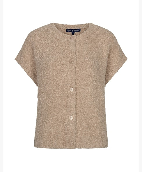 Red Button latte sleeveless boucle knit top front view on a white background, showing the round neckline, button-front fastening and relaxed silhouette in a warm oatmeal latte boucle fabric.