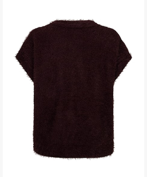 Red Button burgundy sleeveless fuzzy knit cardigan back view on a white background, showing the deep burgundy fuzzy knit texture and relaxed fit with cap sleeves.