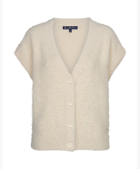 Red Button cream sleeveless fuzzy knit cardigan front view on a white background, showing the warm cream fuzzy knit texture, V-neckline, button-front fastening and relaxed silhouette with cap sleeves.