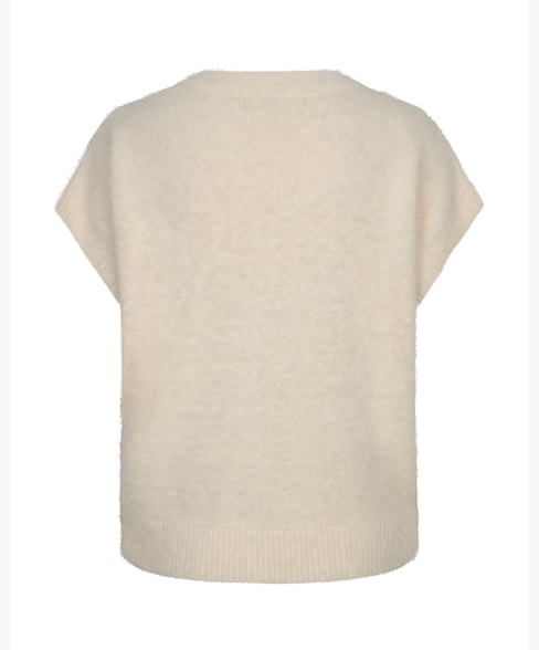 Red Button cream sleeveless fuzzy knit cardigan back view on a white background, showing the warm cream fuzzy knit texture and relaxed fit with cap sleeves.

