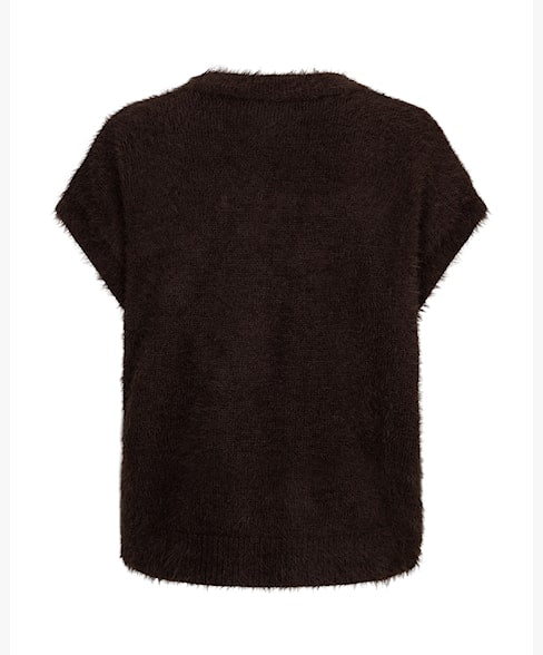 Red Button espresso sleeveless fuzzy knit cardigan back view on a white background, showing the rich dark espresso brown fuzzy knit texture and relaxed fit with cap sleeves.