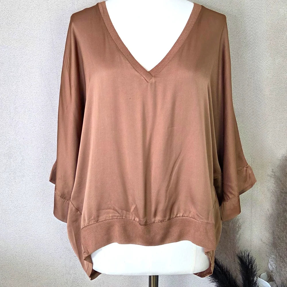 V Neck Satin feel Top in Tan
