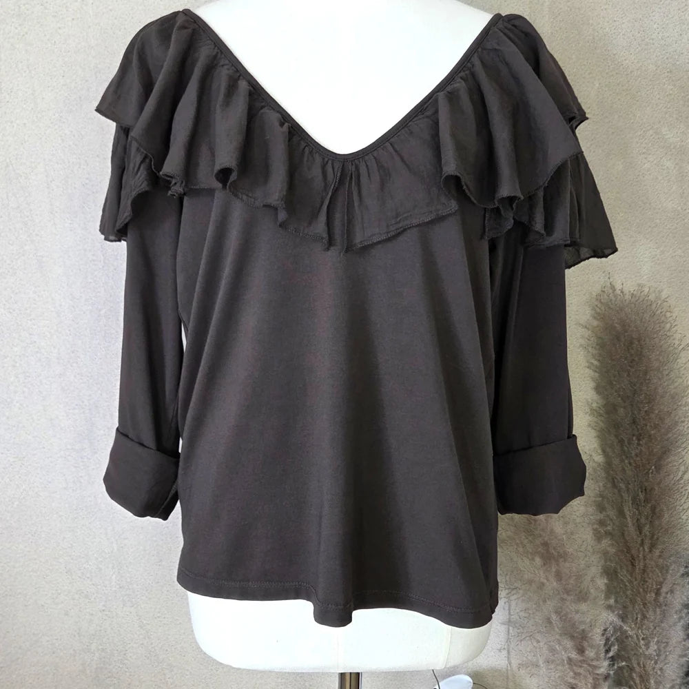 Jersey Fitted Top with Cotton Ruffle in Chocolate