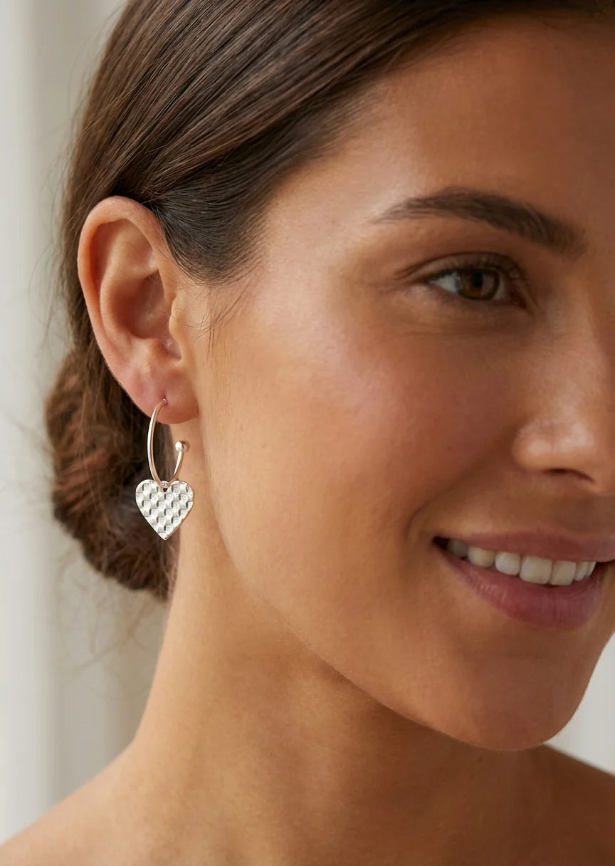 Silver Heart Charm Hoop Earrings