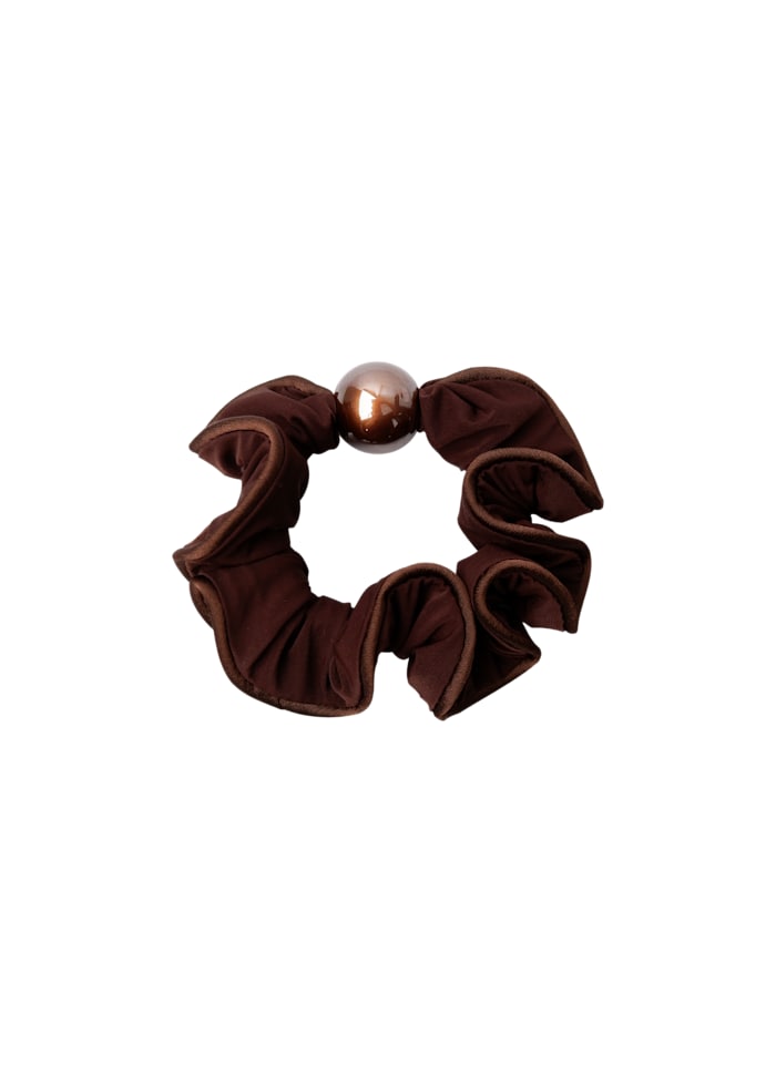 Black Colour BCTeresa Mini satin scrunchie in coffee featuring a central metallic bronze bead, shown against a plain white background.